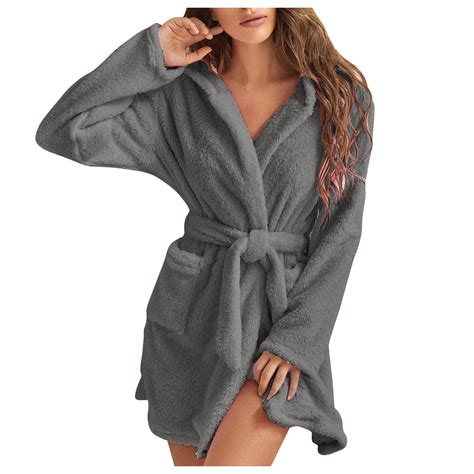 lcziwo Fuzzy Robe for Women Short Bathrobe Tie Waist Solid Cute Plush ...