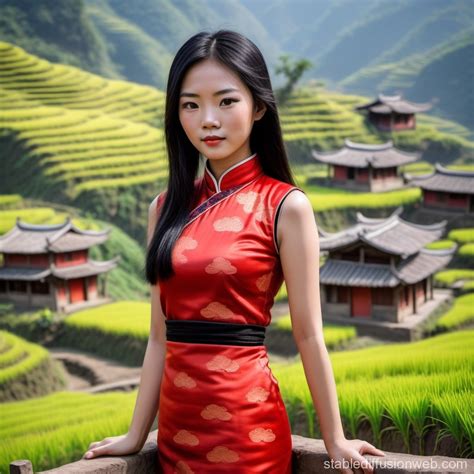 Portrait of a Young Asian Woman in Traditional Dress amidst Rice ...