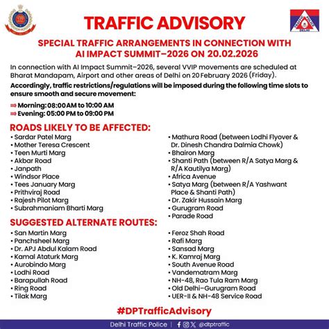 Delhi Traffic Police issues advisory for AI Impact Summit 2026; check ...