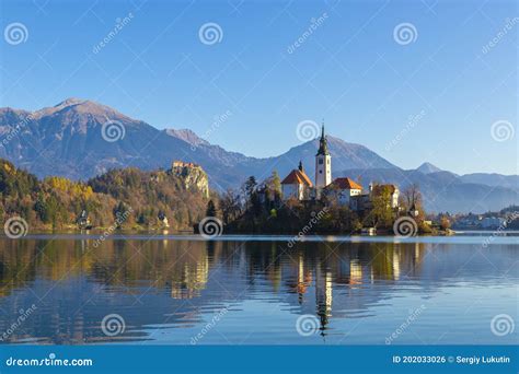 Magical Autumn Landscape with the Island on Lake Bled, Slovenia Stock ...