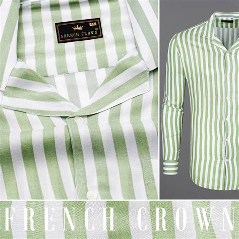 Bright White with Lichen Green Casual Stripes Premium Cotton Shirt For Men
