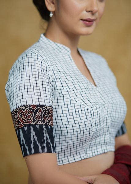 Smart White Ikaat Cotton Blouse with Ajrakh , Ikaat Combination Sleeve ...