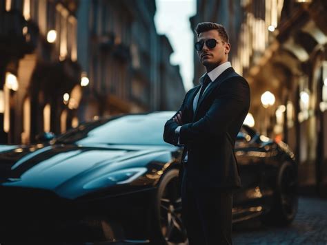 Successful businessman in formal attire standing by luxury sports car ...