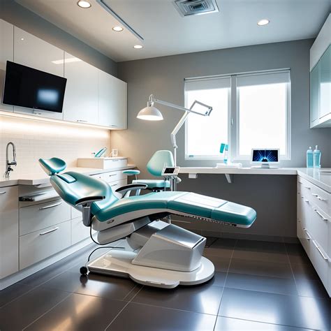 A highly detailed photograph of a modern dentist's office interior ...