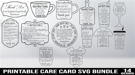 Care Card Instructions Digital PNG SVG PDF File 14 Printable - Etsy India