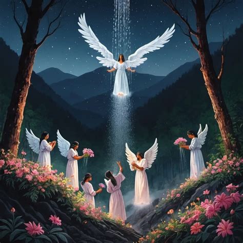 A group of angels in the sky are showering flowers...