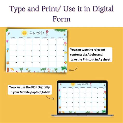 Buy Colorful July 2024 Calendar,july 2024 Printable,a4 Size,digital,pdf ...