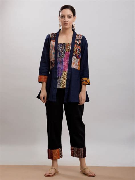 Buy Navy Blue Kantha Embroidered Cotton Silk Top with Black Pants- Set ...