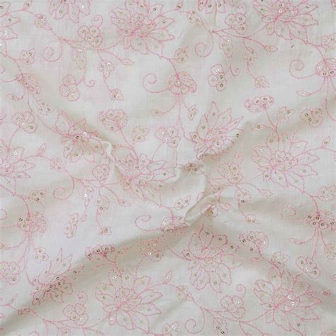 Blouse Piece 1.30 meter Pure Cotton Cream With Pink Floral Embroidery ...
