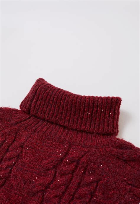 Turtleneck Sequin Cable Knit Sweater in Red - Retro, Indie and Unique ...