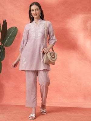 Buy Nayam by lakshita Pink Floral Embroidered Cotton A-Line Kurti with ...