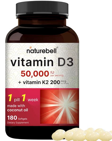 Buy NatureBell D3 50,000 iu with K2 200 mcg, 180 Coconut Oil Softgels | s D as Cholecalciferol ...