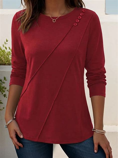 Women's T Shirt Blouse Graphic Plain Stylish Classic Long Sleeve Crew ...