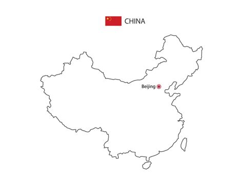 Hand draw thin black line vector of China Map with capital city Beijing on white background ...