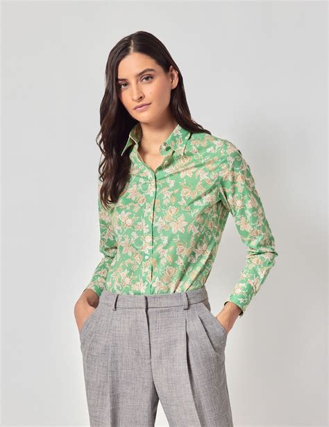 Women's Green & White Floral Cotton Semi-Fitted Shirt | Hawes & Curtis