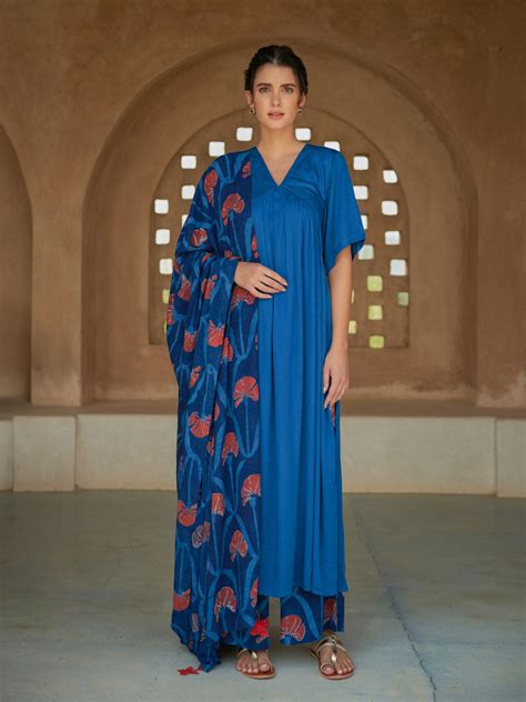 Blue & Red Women Dabu Modal Dupatta – Pinklay