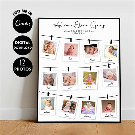 Editable custom baby 1st birthday photo collage template 1st year ...