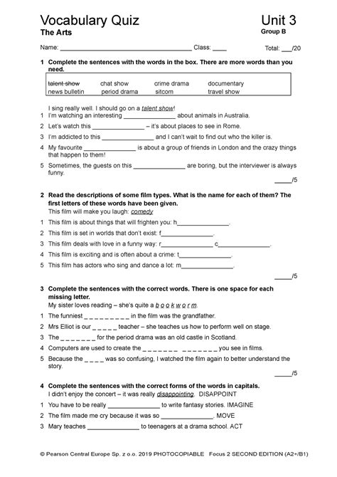 Focus 2 2ed Vocabulary Quiz Unit3 Group B - Vocabulary Quiz Unit 3 The Arts Group B Name: - Studocu