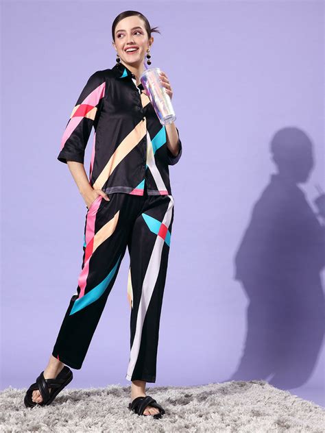 StyleStone Women's Black & Beige Satin Shirt and Trousers Co-ord Set ...