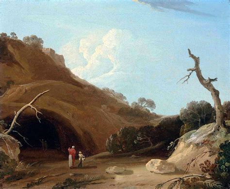 A hilly Indian landscape with figures passing by a cave - William ...