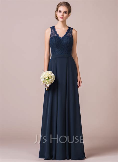 A-Line V-neck Floor-length Chiffon Lace Overlay Bridesmaid Dress - JJ's ...