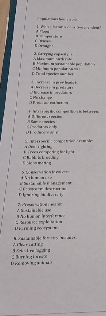 Solved: Populations homework: 1. Which factor is density-dependent? A ...