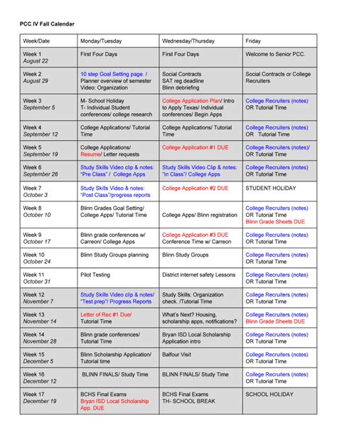 Fillable Online PCC IV Fall Calendar Fax Email Print - pdfFiller