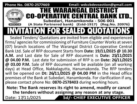 Tenders - The Warangal District Cooperative Central Bank Ltd.