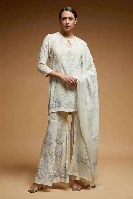 Buy Beige Georgette, Bamboo Rhinestones, Embroidery Round Neck Kurta ...