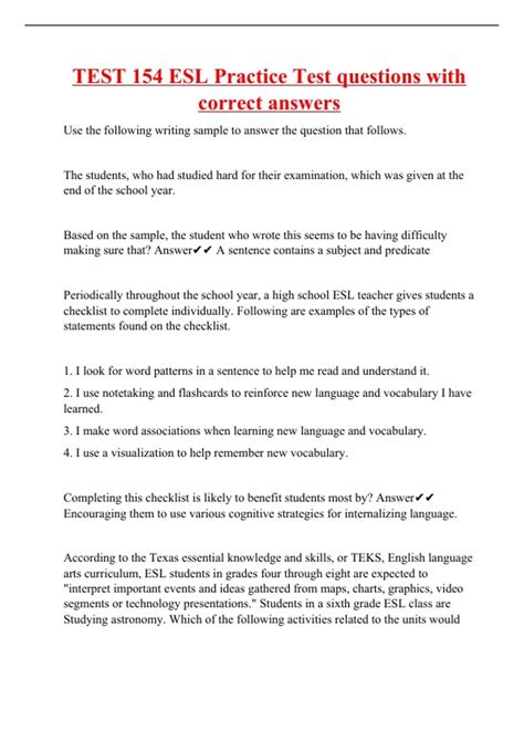 TEST 154 ESL Practice Test questions with correct answers - ESL 154 ...