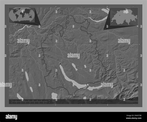 Zurich, canton of Switzerland. Bilevel elevation map with lakes and rivers. Corner auxiliary ...