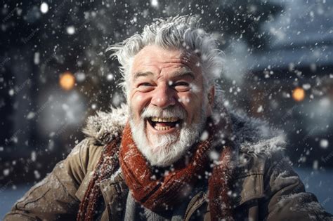 Premium AI Image | A old man in winter clothes plays in the snow in ...
