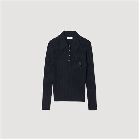 Cable knit polo sweater blue For Women | Sandro Paris
