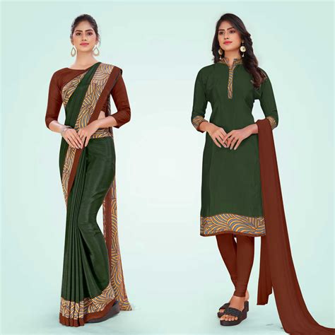 Women's Premium Italian Silk Plain Gaala Border School Uniform Saree ...