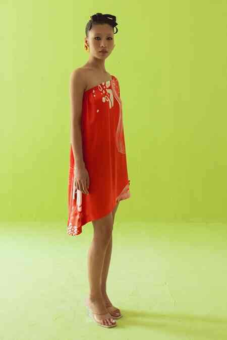 Buy White Satin One Shoulder Abstract Print Dress For Women by Esha ...