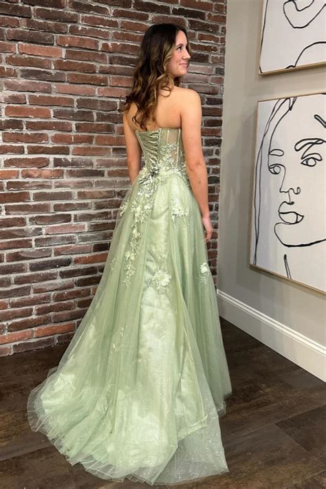 Sage Green Strapless Floral A-line Long Prom Dress with Slit – Dreamdressy