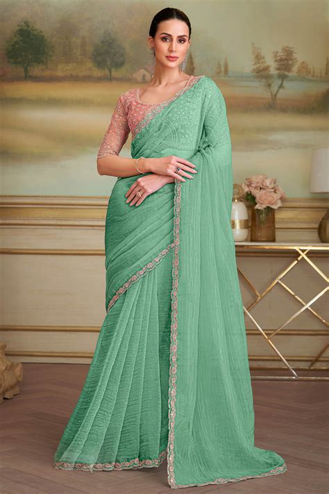 Stylish Sea Green Tissue Crush Georgette Saree Featuring Floral Sequin