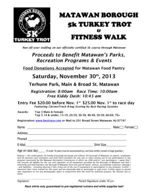Fillable Online MATAWAN BOROUGH 5k TURKEY TROT FITNESS WALK Fax Email ...