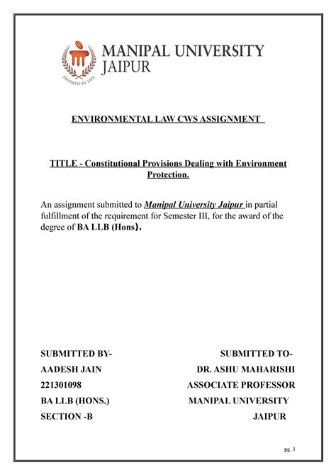 Environment Project 2 - ENVIRONMENTAL LAW CWS ASSIGNMENT TITLE ...