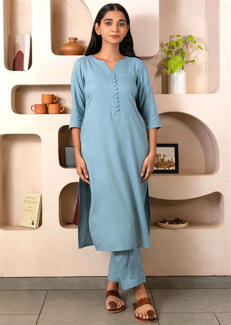 Light Blue Notched Neck with button loops Straight Kurta Set – GulaboSitabo