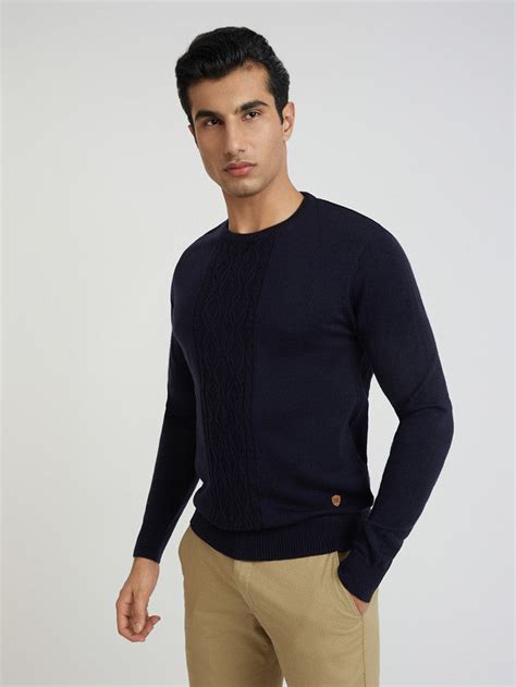 Men Blue Structure Cable Acrylic Wool Blend Round Collar Sweaters ...