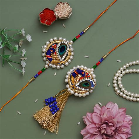 eCraftIndia Beautiful Peacock and Pearls Designer Bhaiya Bhabhi Rakhi
