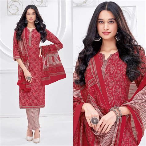 Red Printed Pure Cotton Suit