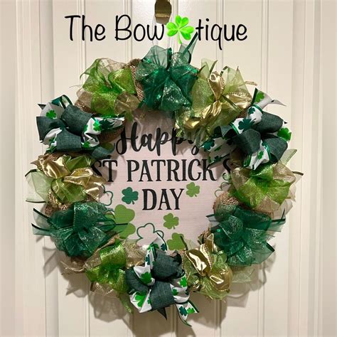 17” Happy St. Patrick’s Day Ribbon Wreath shamrocks in Green, White ...