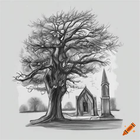 Illustration of a Yew tree in a church graveyard on Craiyon