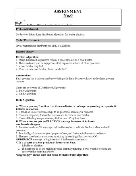 Assignment 6 - 6)Implement Bully and Ring algorithm for leader election ...
