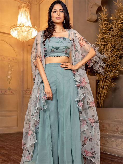 Blue Crop Top Palazzo Set Without Shrug