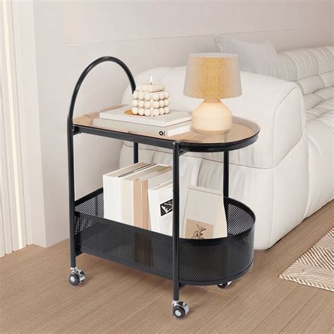 CERBIOR 2 Tier Rolling Side Table, Metal Coffee Sofa Side End Table ...