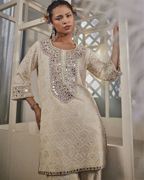 Aria Kurta with Multi Colour Mirror Yoke, Narrow Pants and Dupatta in