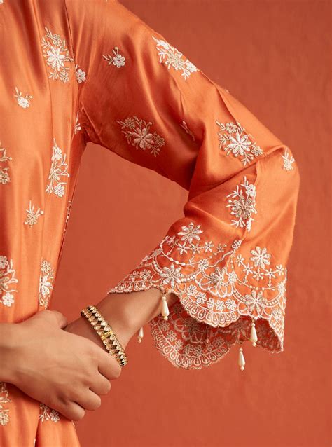 Mulmul Bemberg Satin Kangna Burnt Orange Kurta With Mulmul Bemberg Sat